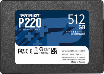 512 GB SSD Patriot P220, SATA 6Gb/s, lesen: 550MB/s, schreiben: 500MB/s, TBW: 240TB