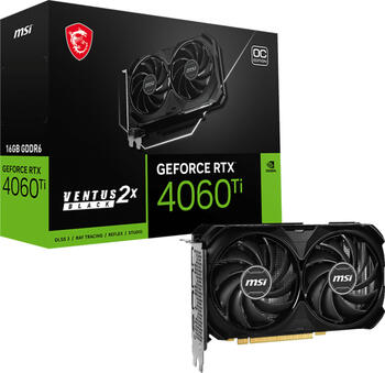 MSI GeForce RTX 4060 Ti Ventus 2X Black 16G OC, 16GB GDDR6 Grafikkarte, HDMI 2.1a, 3x DisplayPort 1.4a