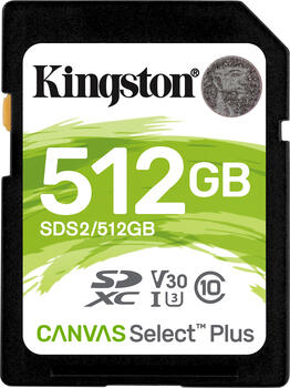 512 GB Kingston Canvas Select Plus SDXC Speicherkarte, lesen: 100MB/s, schreiben: 85MB/s