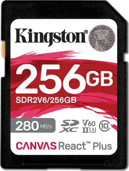 256 GB Kingston Canvas React Plus V60 SDXC Speicherkarte, lesen: 280MB/s, schreiben: 150MB/s