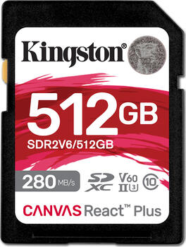 512 GB Kingston Canvas React Plus V60 SDXC Speicherkarte, lesen: 280MB/s, schreiben: 150MB/s