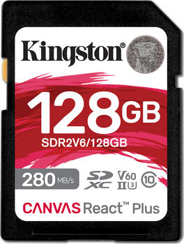 128 GB Kingston Canvas React Plus V60 SDXC Speicherkarte, lesen: 280MB/s, schreiben: 100MB/s