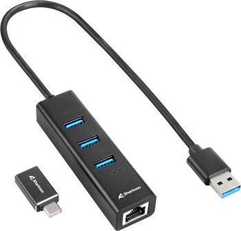 Sharkoon 3-Port Aluminium Hub schwarz, RJ-45, USB-A 3.0 USB-C 3.0 Stecker