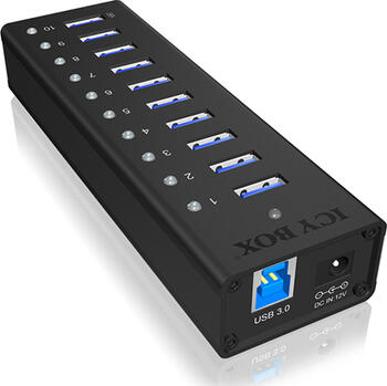 USB 3.0 HUB 10-fach, Icy Box IB-AC6110 inkl. Netzteil 1x USB Ladeport (2.1A, 5V)