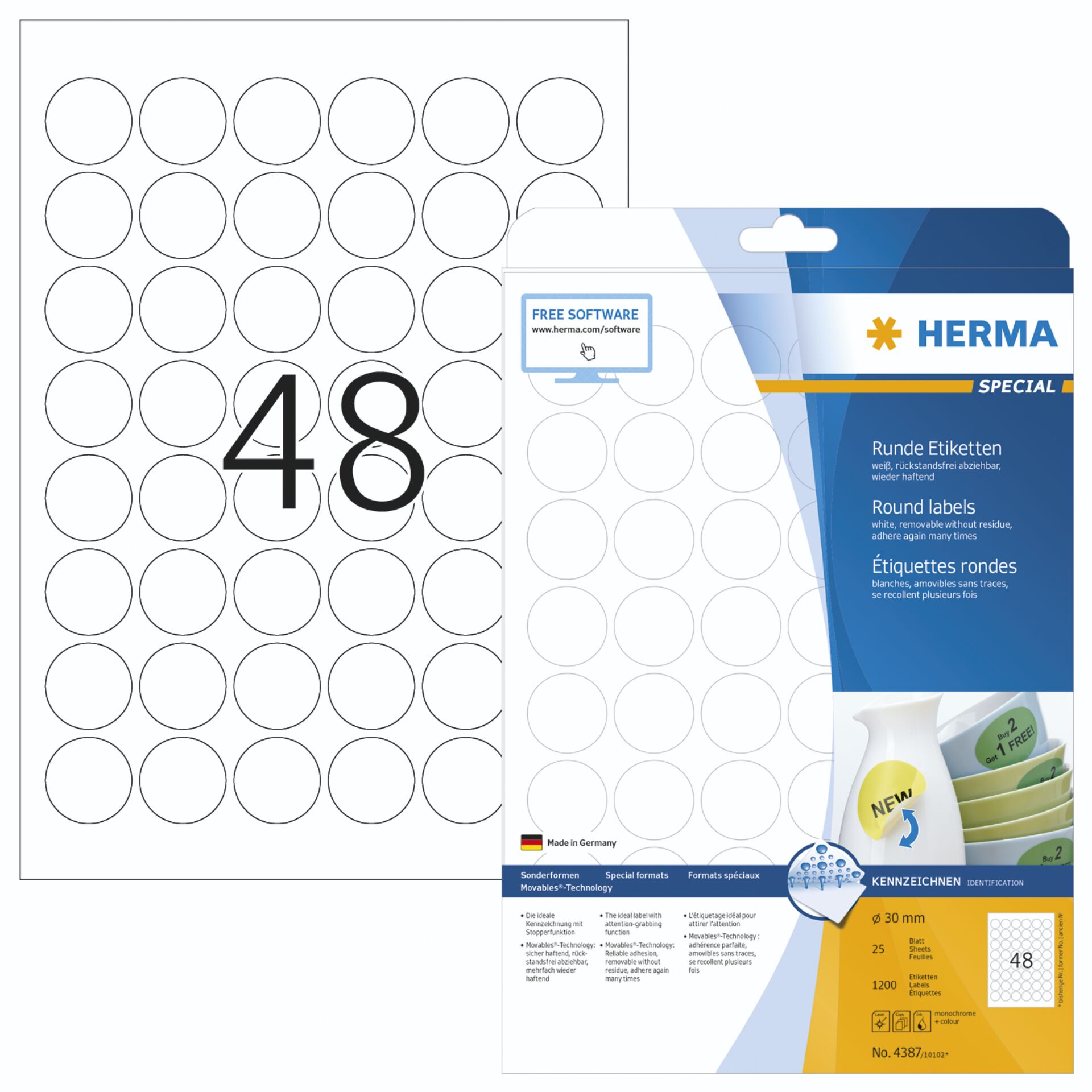 HERMA Ablösbare Etiketten A4  30 mm rund weiß Movables/ablösbar Papier matt 1200 St.