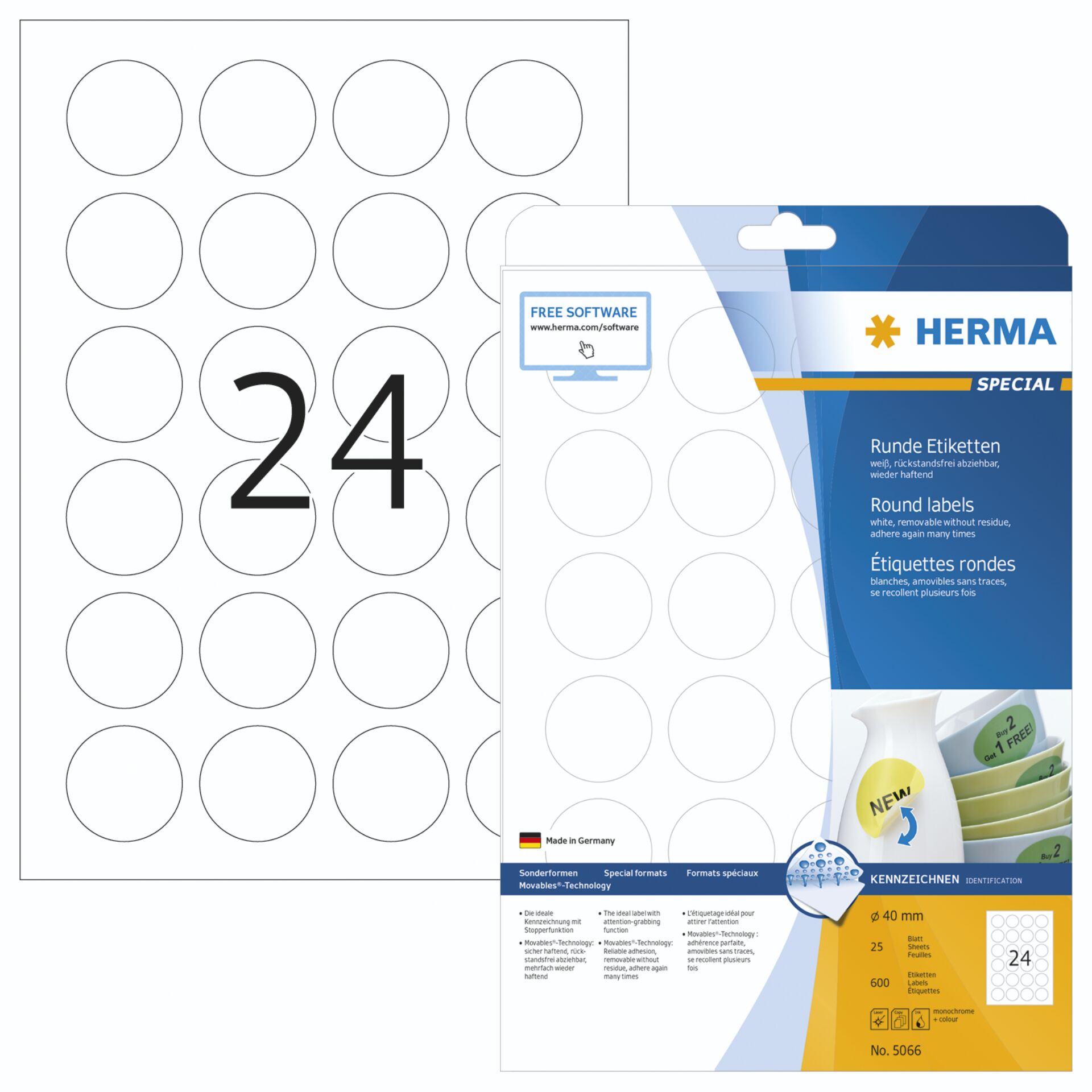 HERMA Ablösbare Etiketten A4  40 mm rund weiß Movables/ablösbar Papier matt 600 St.