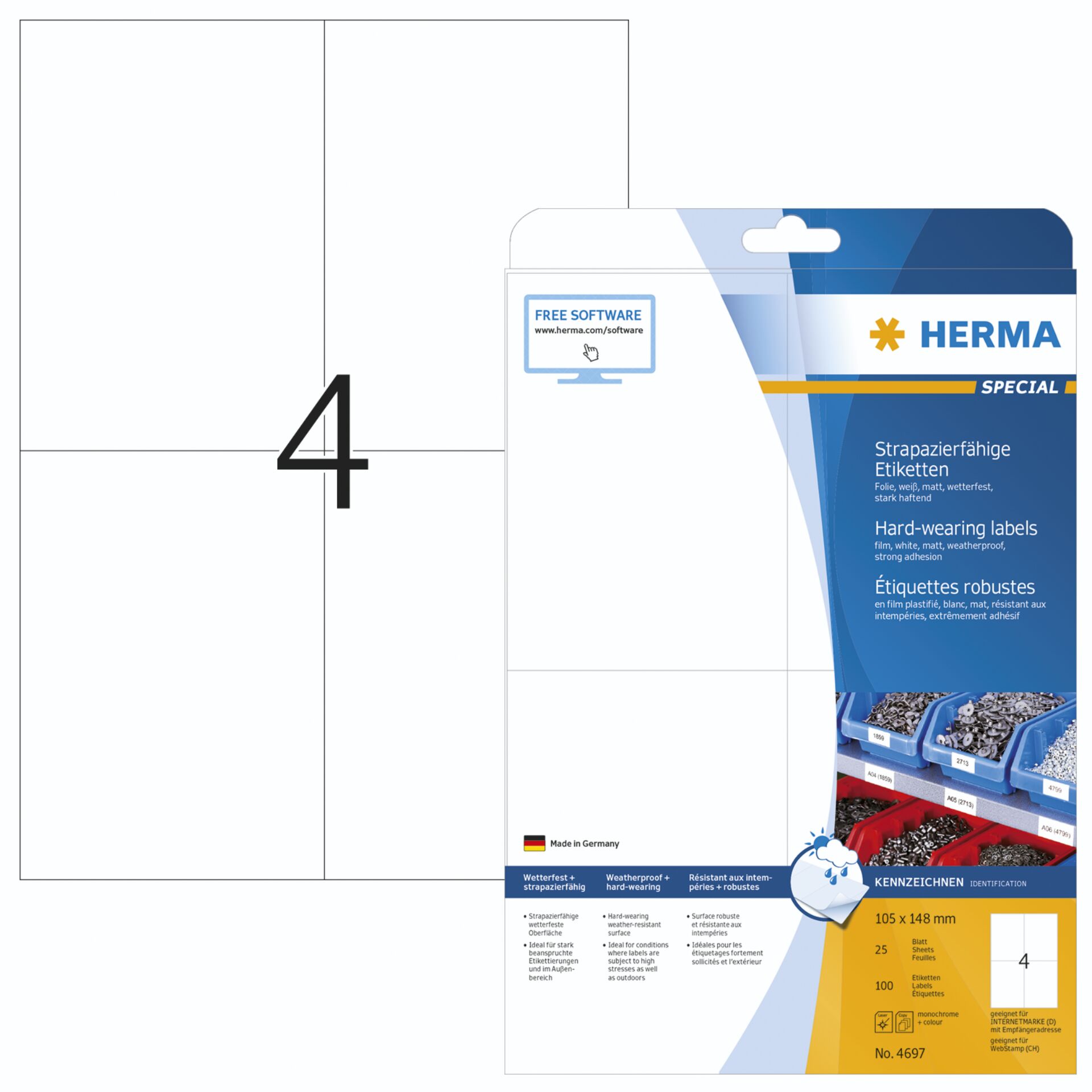 HERMA Etiketten strapazierfähig A4 105x148 mm weiß stark haftend Folie matt wetterfest 100 St.