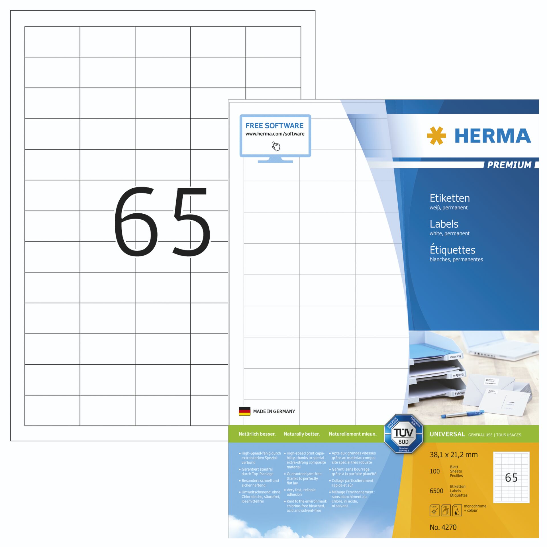 HERMA Etiketten Premium A4 38.1x21.2 mm weiß Papier matt 6500 St.