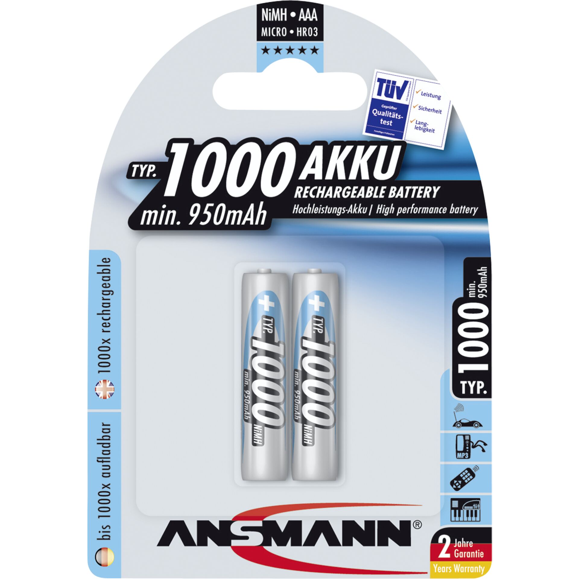 Ansmann NiMH Akku Micro AAA Typ 1000 min. 950mAh 2er Blister 