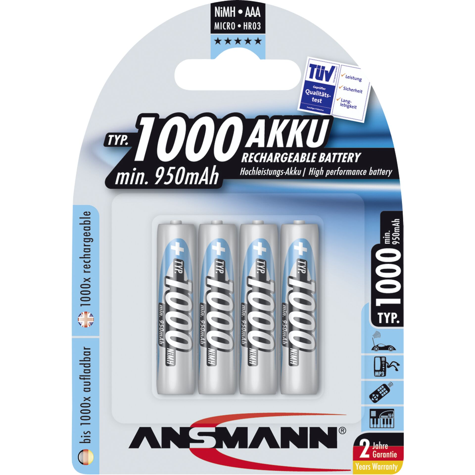 NiMH Akku Micro AAA Typ 1000 min. 950mAh 4er Blister 