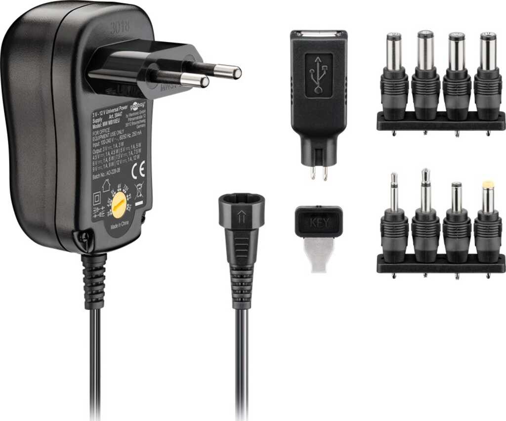 Goobay Universal-Netzteil (3 V - 12 V max. 12 W / 1,0 A) inkl. 1 USB- und 8 DC-Adapter - max. 12 W und 1 A