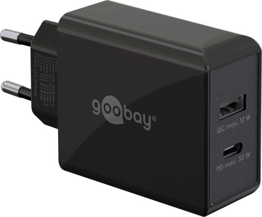 Goobay USB-C PD Dual-Schnellladegerät (30 W) schwarz 1x USB-C-Anschluss (Power Delivery) und 1x USB-A-Anschluss