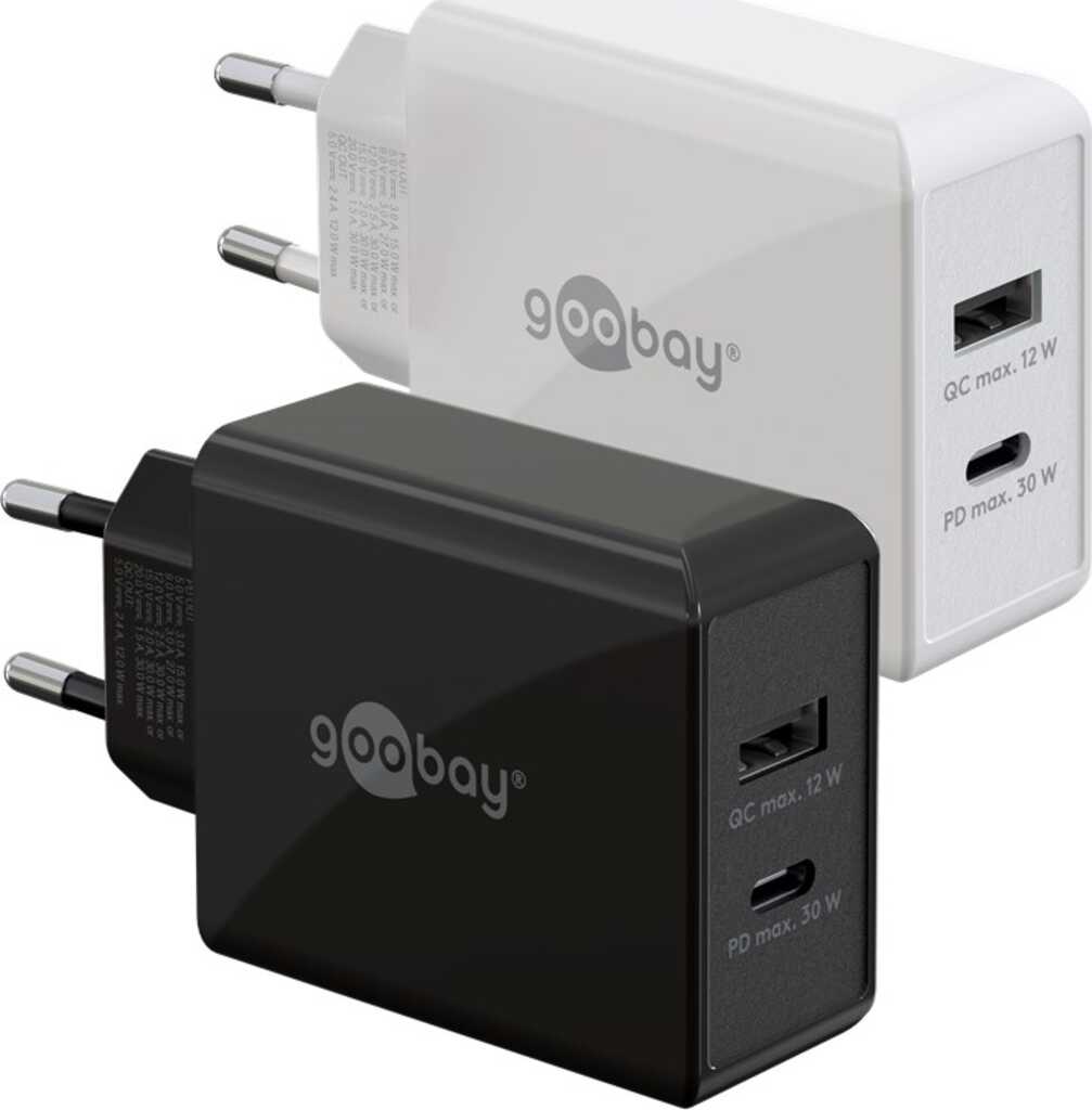 Goobay USB-C PD Dual-Schnellladegerät (30 W) weiß 1x USB-C-Anschluss (Power Delivery) und 1x USB-A-Anschluss