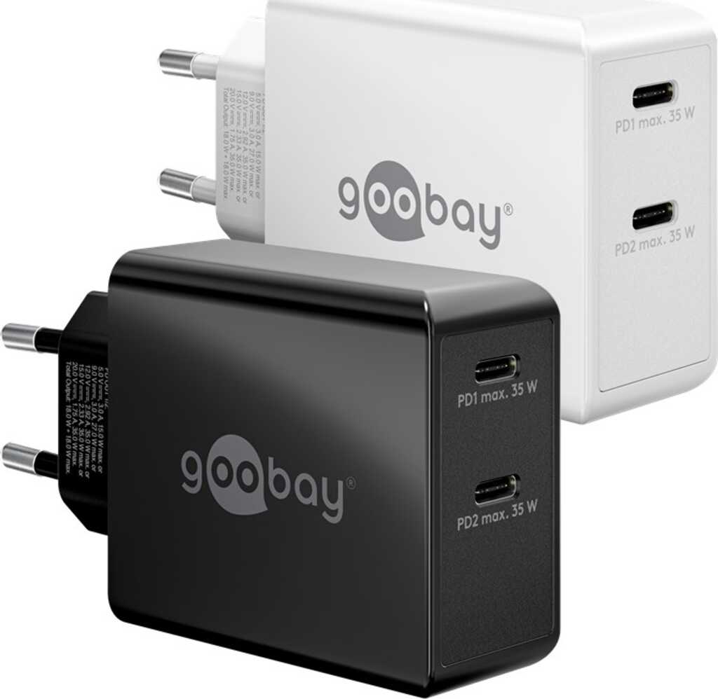 Goobay USB-C PD Dual-Schnellladegerät (36 W) schwarz 2x USB-C-Anschlüsse (Power Delivery)