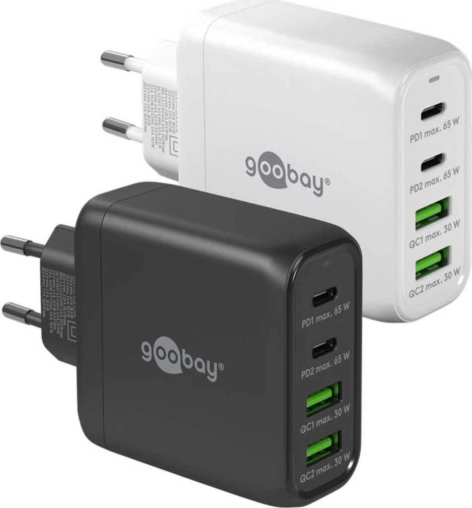 Goobay USB-C PD GaN Multiport-Schnellladegerät (68 W) schwar 2x USB-C-Anschlüsse (Power Delivery) und 2x USB-A-Anschluss