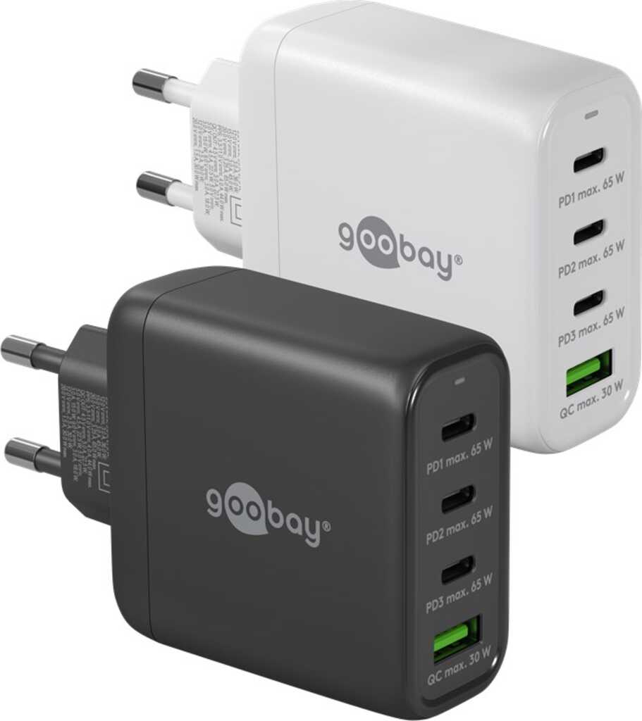 Goobay USB-C PD GaN Multiport-Schnellladegerät (68 W) schwar 3x USB-C-Anschlüsse (Power Delivery) und 1x USB-A-Anschluss