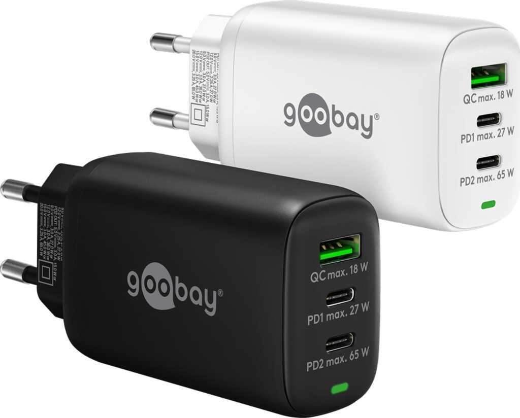 Goobay USB-C PD GaN Multiport-Schnellladegerät (65 W) schwar 2x USB-C-Anschlüsse (Power Delivery) und 1x USB-A-Anschluss