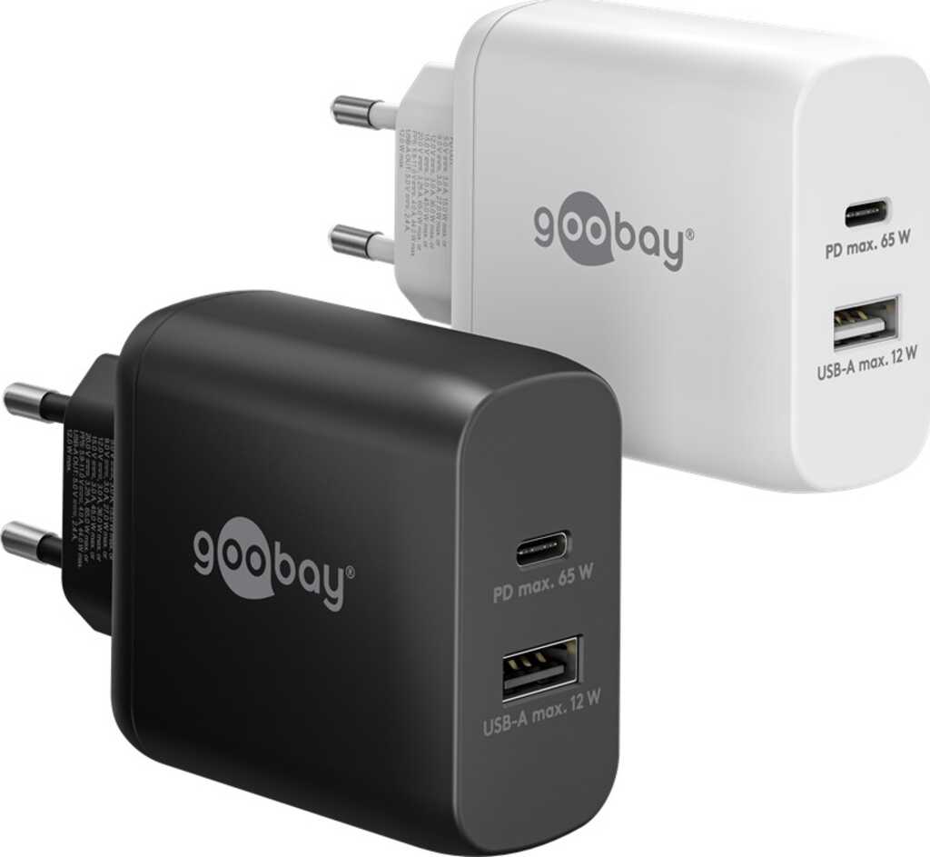 Goobay USB-C PD GaN Dual-Schnellladegerät (65 W) weiß 1x USB-C-Anschluss (Power Delivery) und 1x USB-A-Anschluss