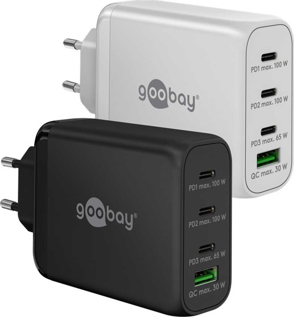 Goobay USB-C PD GaN Multiport-Schnellladegerät (100 W) schw. 3x USB-C-Anschlüsse (Power Delivery) + 1x USB-A