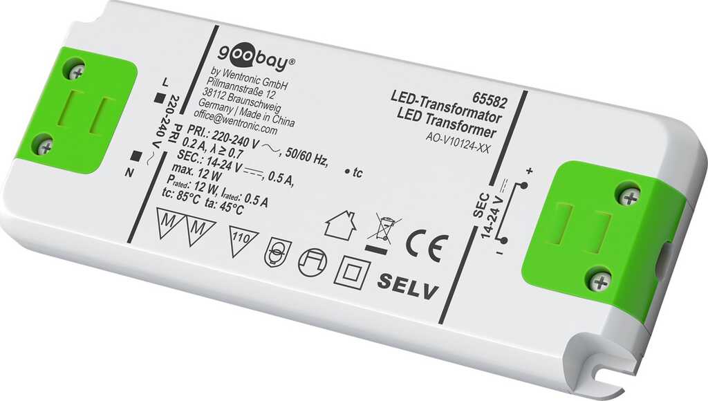 Goobay LED-Konstantstrom-Trafo 500 mA/12 W für LEDs mit 500 mA Konstantstrom bis 12 W Gesamtlast im Spannungsbereich 14-24 V (DC)