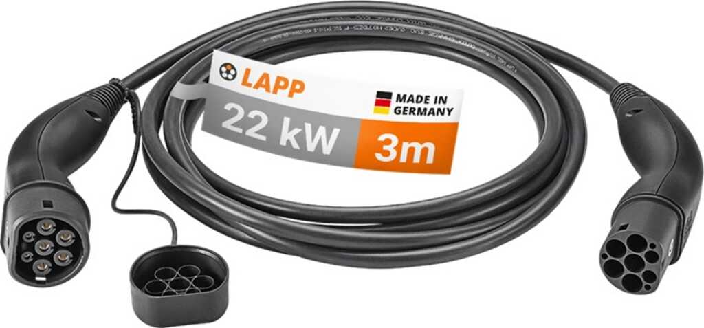 Ladekabel Typ 2, bis zu 22 kW, 3 m, schwarz () 32 A, 3-phasig, zum Laden von Hybrid- und Elektroautos mit Typ-2-Anschluss