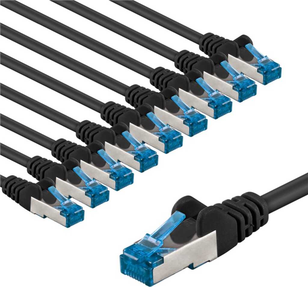 Goobay CAT 6A Patchkabel, S/FTP (PiMF), 2 m, schwarz, 10er-Set Kupferleiter (CU), halogenfreier Kabelmantel (LSZH)