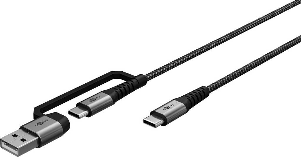 Goobay 2in1 USB-Textilkabel, spacegrau/silber, 1 m extrarobustes USB-C-Ladekabel mit Adapter für USB-A-Geräte