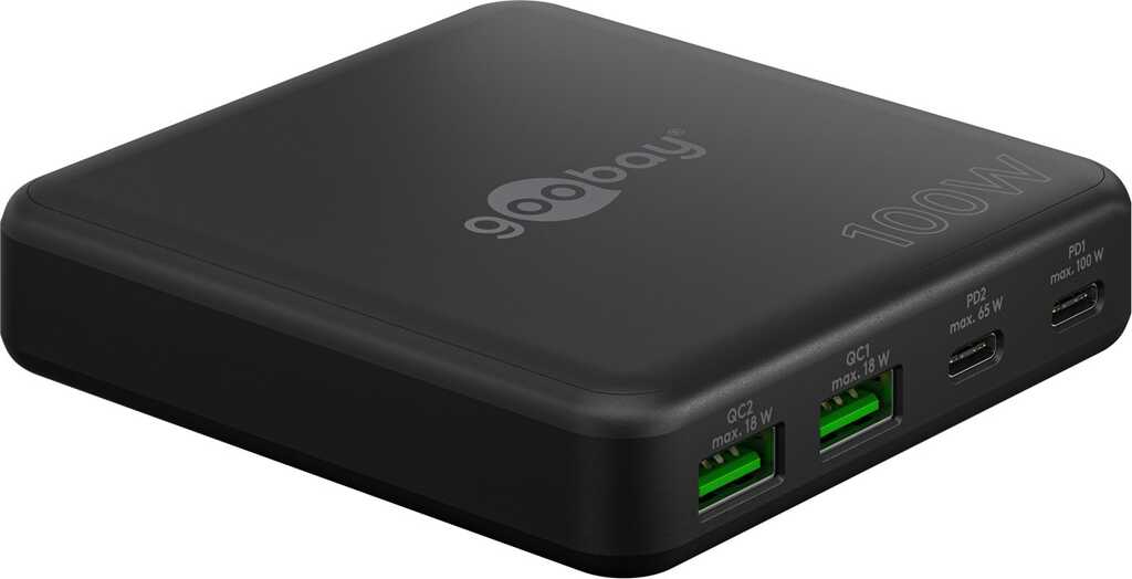 Goobay USB-C PD GaN Multiport-Tischladegerät (100 W) schwarz 2x USB-C-Anschlüsse (Power Delivery) und 2x USB-A-Anschluss