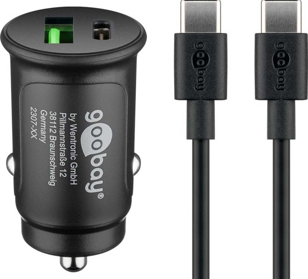 Goobay Dual-USB Auto-Schnellladeset USB-C (27 W) Kfz-Ladeadapter mit 1x USB-C und 1x USB-A, USB-C-Kabel, 1 m, schwarz