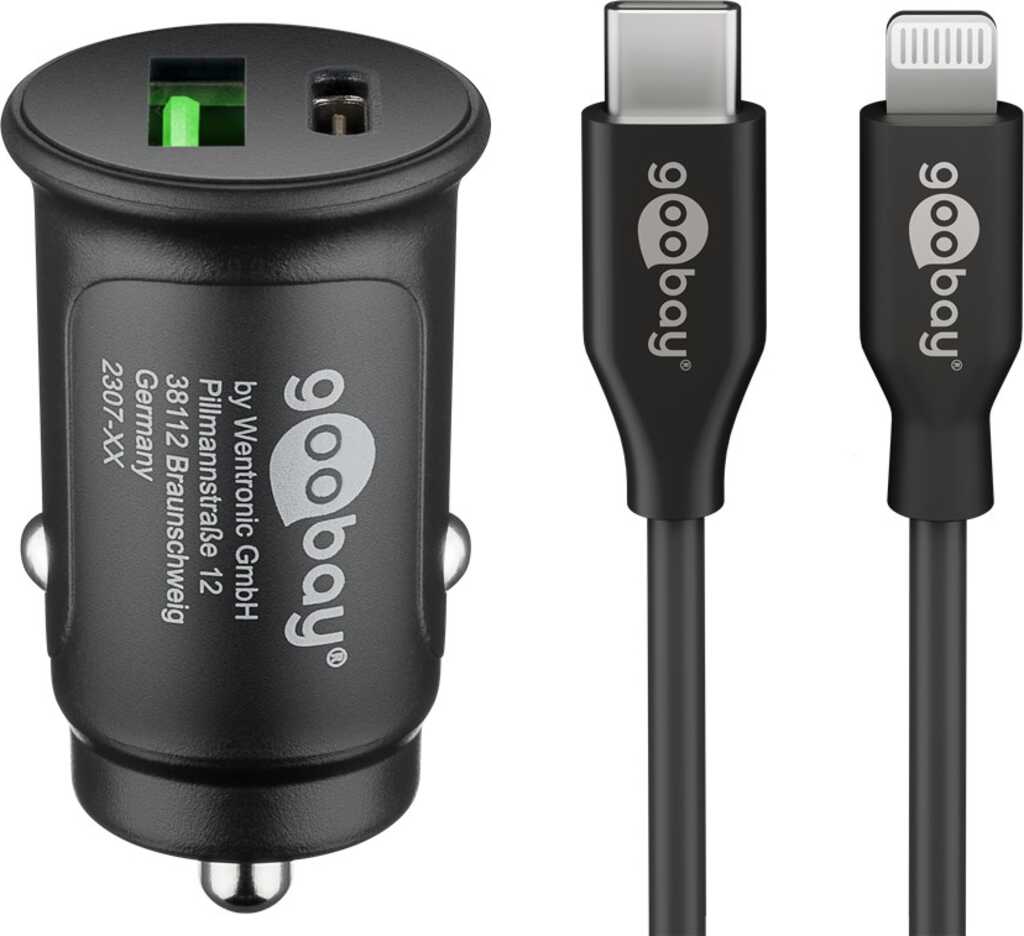 Goobay Dual-USB Auto-Schnellladeset Lightning (27 W) Kfz-Ladeadapter mit 1x USB-C und 1x USB-A, USB-C-Lightning-Kabel,