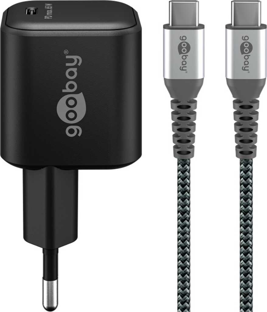 Goobay Ladeset 65 W USB-C PD (1x USB-C PD) Schnellladegerät mit 1x USB-C-Anschluss (Power Delivery), inkl. USB-C-Textilkabel 1 m