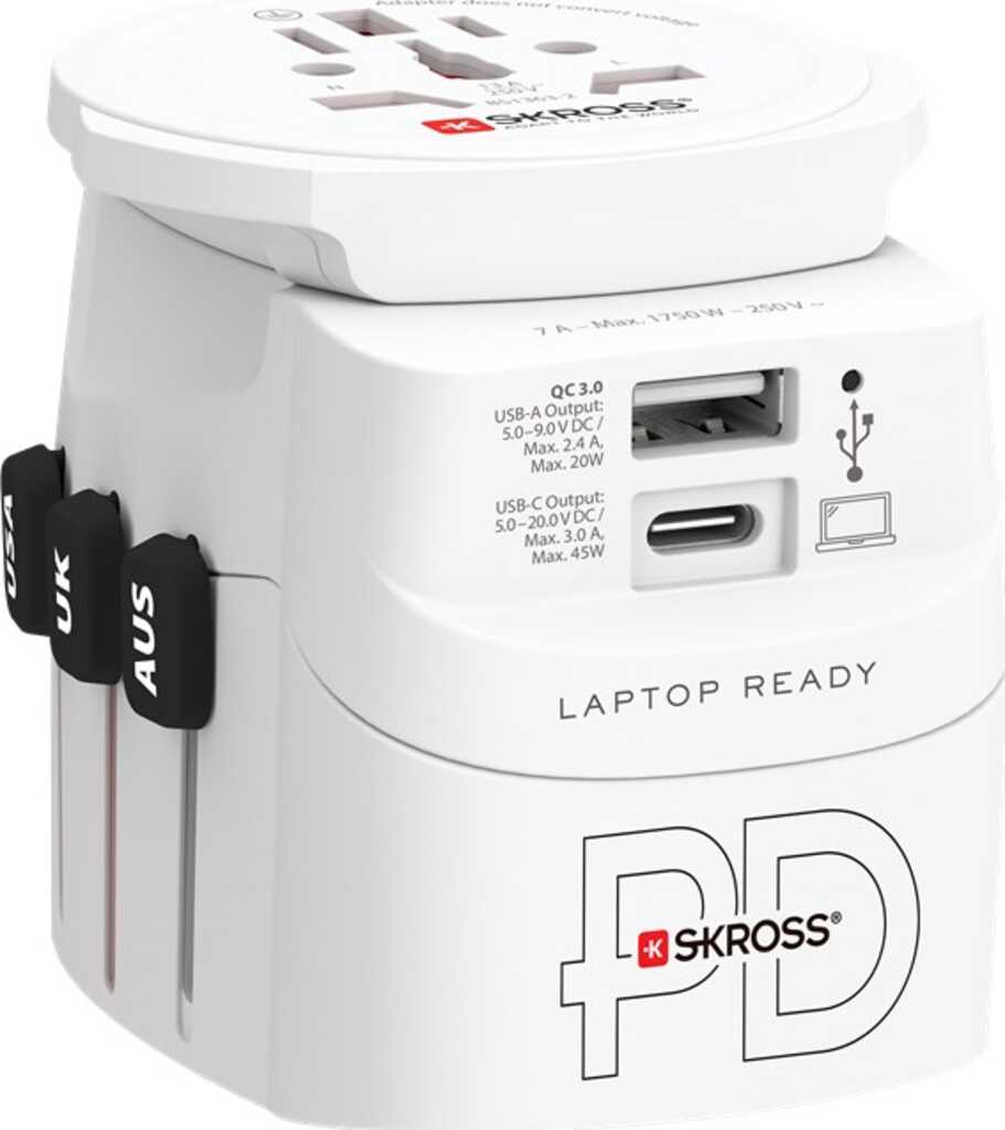 Skross Reiseadapter PRO Light USB AC45PD 45 W, 1x USB-C und 1x USB-A plus internationale Netzstecker für 2- und 3-polige Geräte