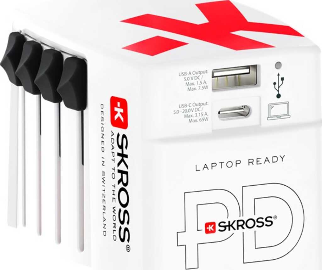 Skross Reiseadapter World USB Charger AC65PD 65 W, 1x USB-C und 1x USB-A für internationale Netzanschlüsse (ungeerdet, 2-polig)