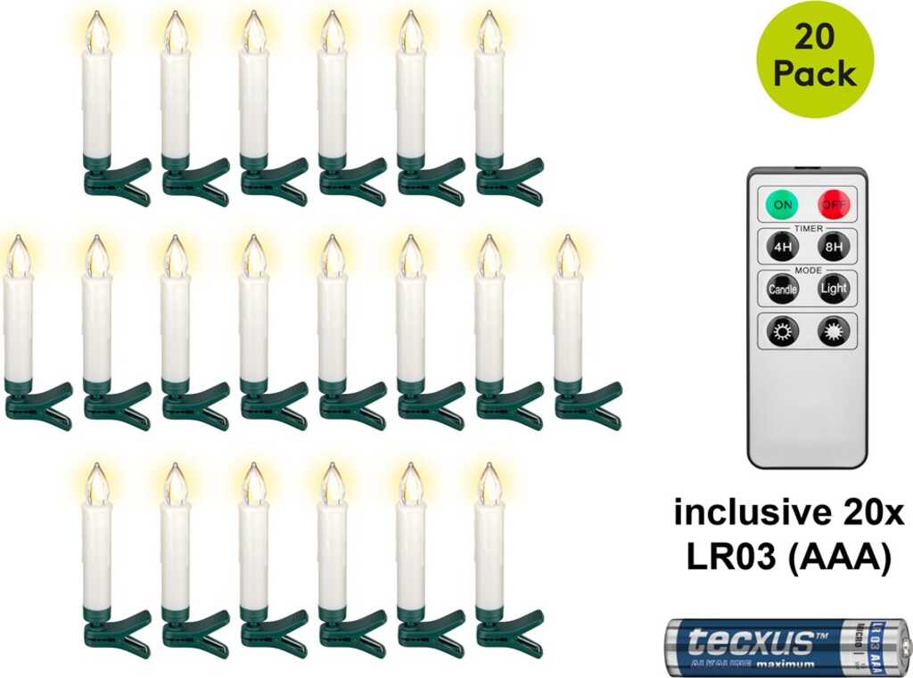 Goobay 20 kabellose LED-Weihnachtsbaumkerzen inkl. 20x AAA (LR03) mit Klemmen, Timerfunktion und Fernbedienung,