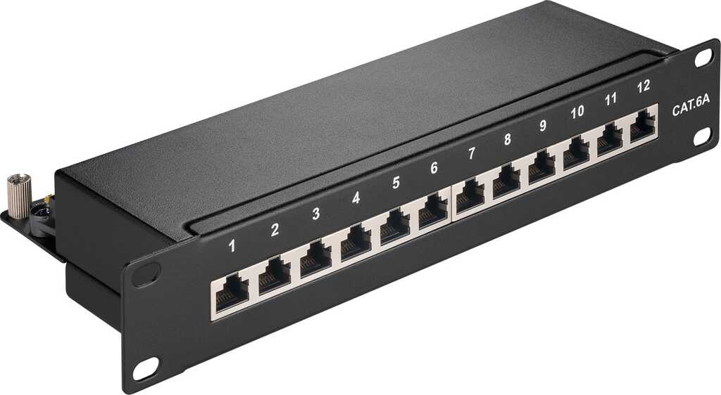 goobay CAT 6a 10-Zoll (25,4 cm) Patch Panel, 12 Port, (1 HE) STP geschirmt, schwarz