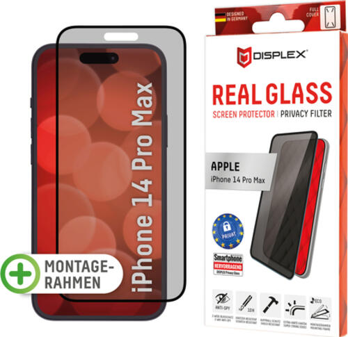 Displex Privacy Panzerglas (10H) für Apple iPhone 14 Pro Max, Eco-Montagerahmen, Privacy Filter, Tempered Glas, kratzer-resistente Schutzfolie, hüllenfreundlich