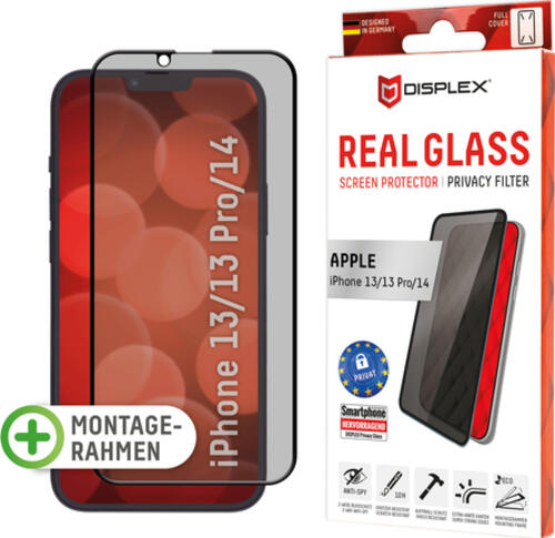 Displex Privacy Panzerglas (10H) für Apple iPhone 13/13 Pro/14, Eco-Montagerahmen, Privacy Filter, Tempered Glas, kratzer-resistente Schutzfolie, hüllenfreundlich