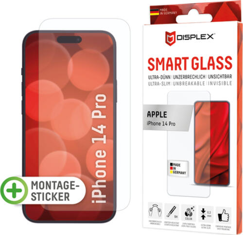 Displex Smart Glass (9H) für Apple iPhone 14 Pro, Montagesticker, unzerbrechlich, ultra-dünn, unsichtbar