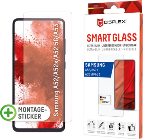 Displex Smart Glass (9H) für Samsung Galaxy A52/A52(s) 5G/A53 5G, Montagesticker, unzerbrechlich, ultra-dünn, unsichtbar