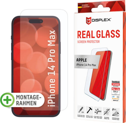 Displex Panzerglas (10H) für Apple iPhone 14 Pro Max, Eco-Montagerahmen, Tempered Glas, kratzer-resistente Schutzfolie, hüllenfreundlich