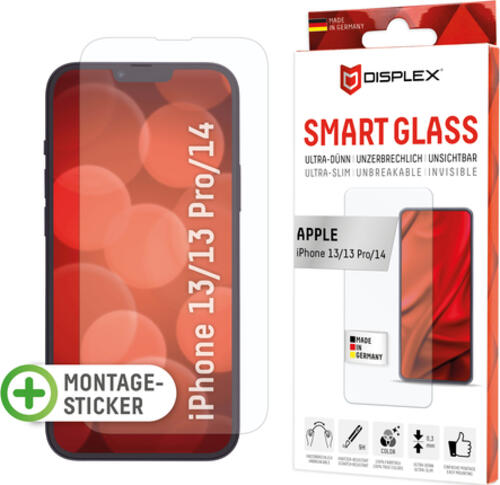 Displex Smart Glass (9H) für Apple iPhone 13/13 Pro/14, Montagesticker, unzerbrechlich, ultra-dünn, unsichtbar