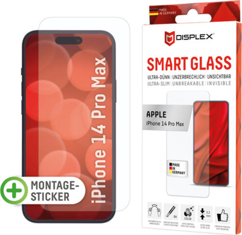 Displex Smart Glass (9H) für Apple iPhone 14 Pro Max, Montagesticker, unzerbrechlich, ultra-dünn, unsichtbar