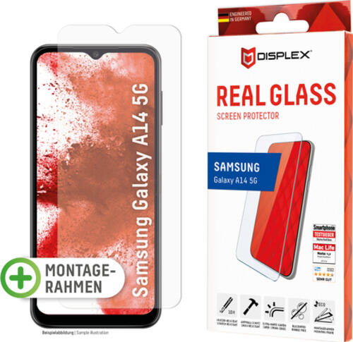 Displex Panzerglas (10H, 2D) für Samsung Galaxy A14 5G, Eco-Montagerahmen, kratzer-resistent