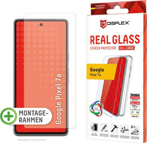 Displex Panzerglas (10H) + Case für Google Pixel 7a, Eco-Montagerahmen, + Case, Tempered Glas, kratzer-resistente Schutzfolie