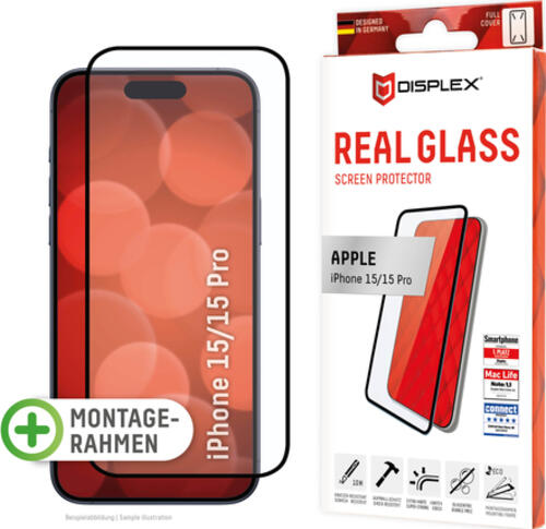 Displex Panzerglas (10H) für Apple iPhone 15/15 Pro, Eco-Montagerahmen, Full Cover