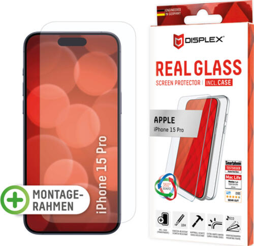 Displex Panzerglas + Schutzhülle für Apple iPhone 15 Pro, Eco-Montagerahmen, kratzer-resistent