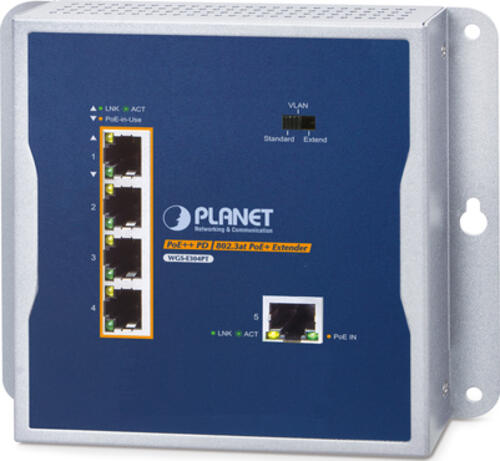 PLANET WGS-E304PT Industrial PoE+ Wall-mounted Extender 1-Port PoE++ to 4-Port Netzwerksender & -empfänger Blau