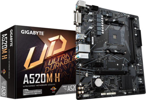 GIGABYTE A520M H Mainboard - Unterstützt AMD Ryzen 5000 Serie AM4 CPUs, 4+3 Phasen reines digitales VRM, bis zu 5100 MHz DDR4 (OC), PCIe 3.0 x4 M.2, GbE LAN, USB 3.2 Gen 1