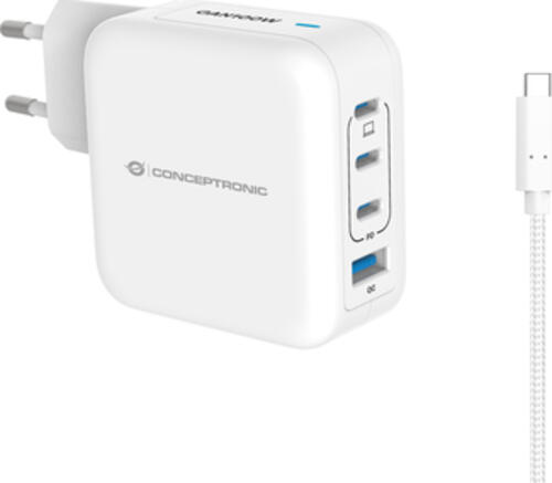 Conceptronic 4-Port 100W GaN USB-PD-Ladegerät mit USB-C-Ladekabel, USB-C x 3, USB-A x 1, QC 3.0, PPS