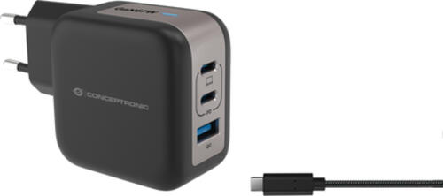 Conceptronic 3-Port 67W GaN USB-PD-Ladegerät mit USB-C-Ladekabel, USB-C x 2, USB-A x 1, QC 3.0, PPS